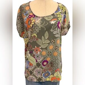 Bobeau Women’s Short Sleeve Blouse, Floral Multicolor Zipper Back Closure Large